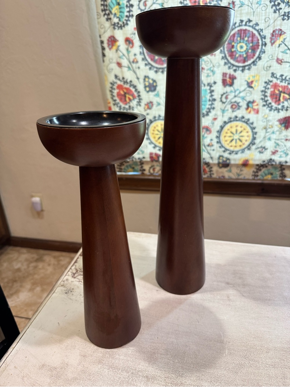 Crate&Barrel Tall Brown Wood Candle Holders - Pair. Sleek MCM